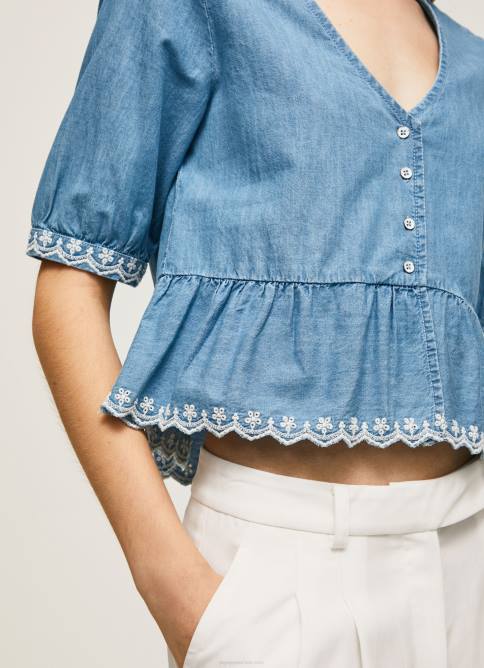 azul blusa de mezclilla con cuello en V Pepe Jeans 06X4369 mujer - Imagen 3