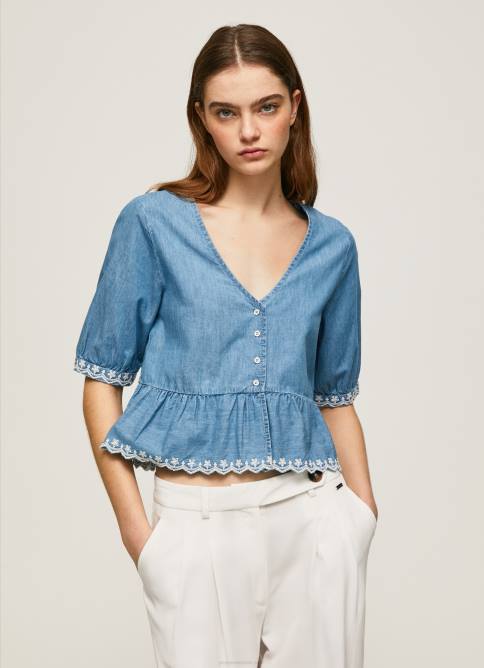 azul blusa de mezclilla con cuello en V Pepe Jeans 06X4369 mujer - Imagen 1