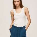 blanco camiseta con volantes en el cuello Pepe Jeans 06X4390 mujer