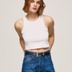 blanco camiseta de canalé con manga sisa Pepe Jeans 06X4423 mujer