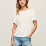 blanco camiseta jaspeada con cuello barco Pepe Jeans 06X4452 mujer