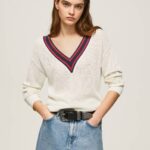 blanco jersey de crepé con cuello de pico Pepe Jeans 06X4228 mujer