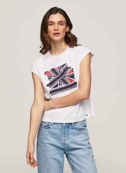 blanco playera con estampado Union Jack Pepe Jeans 06X4415 mujer