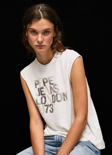 blanco playera con mangas sisas y logo Pepe Jeans 06X4418 mujer