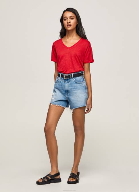 estudio rojo camiseta de lino con cuello de pico Pepe Jeans 06X4465 mujer - Imagen 2