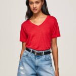 estudio rojo camiseta de lino con cuello de pico Pepe Jeans 06X4465 mujer