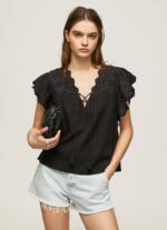 negro blusa de algodón con detalles calados Pepe Jeans 06X4336 mujer