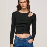 negro camiseta asimétrica de manga larga Pepe Jeans 06X4405 mujer