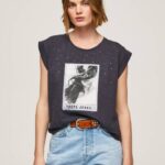 negro lavado camiseta con estampado de foto Pepe Jeans 06X4388 mujer