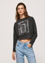 negro lavado camiseta estampada de manga larga Pepe Jeans 06X4427 mujer