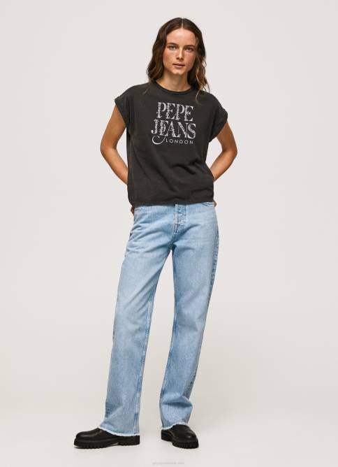 negro lavado playera con logo floral Pepe Jeans 06X4403 mujer - Imagen 2