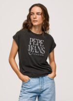 negro lavado playera con logo floral Pepe Jeans 06X4403 mujer