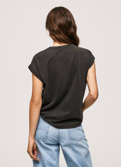 negro lavado playera con logo floral Pepe Jeans 06X4403 mujer - Imagen 4