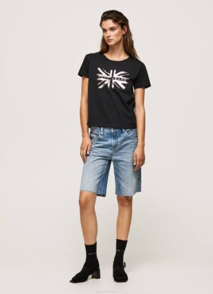 negro playera con logo metalizado Pepe Jeans 06X4414 mujer