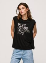 negro playera con mangas sisas y logo Pepe Jeans 06X4419 mujer - Imagen 2