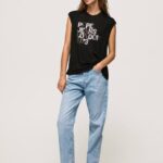 negro playera con mangas sisas y logo Pepe Jeans 06X4419 mujer