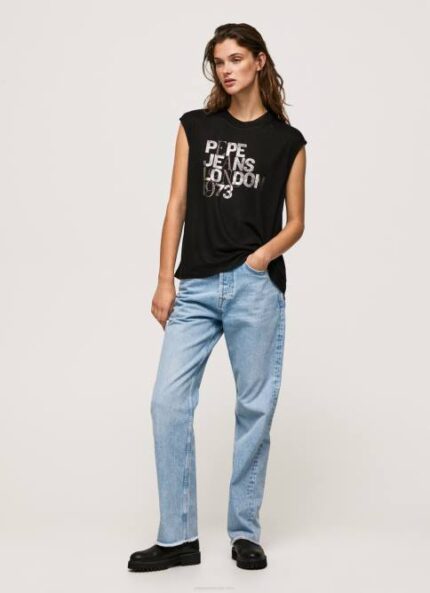 negro playera con mangas sisas y logo Pepe Jeans 06X4419 mujer